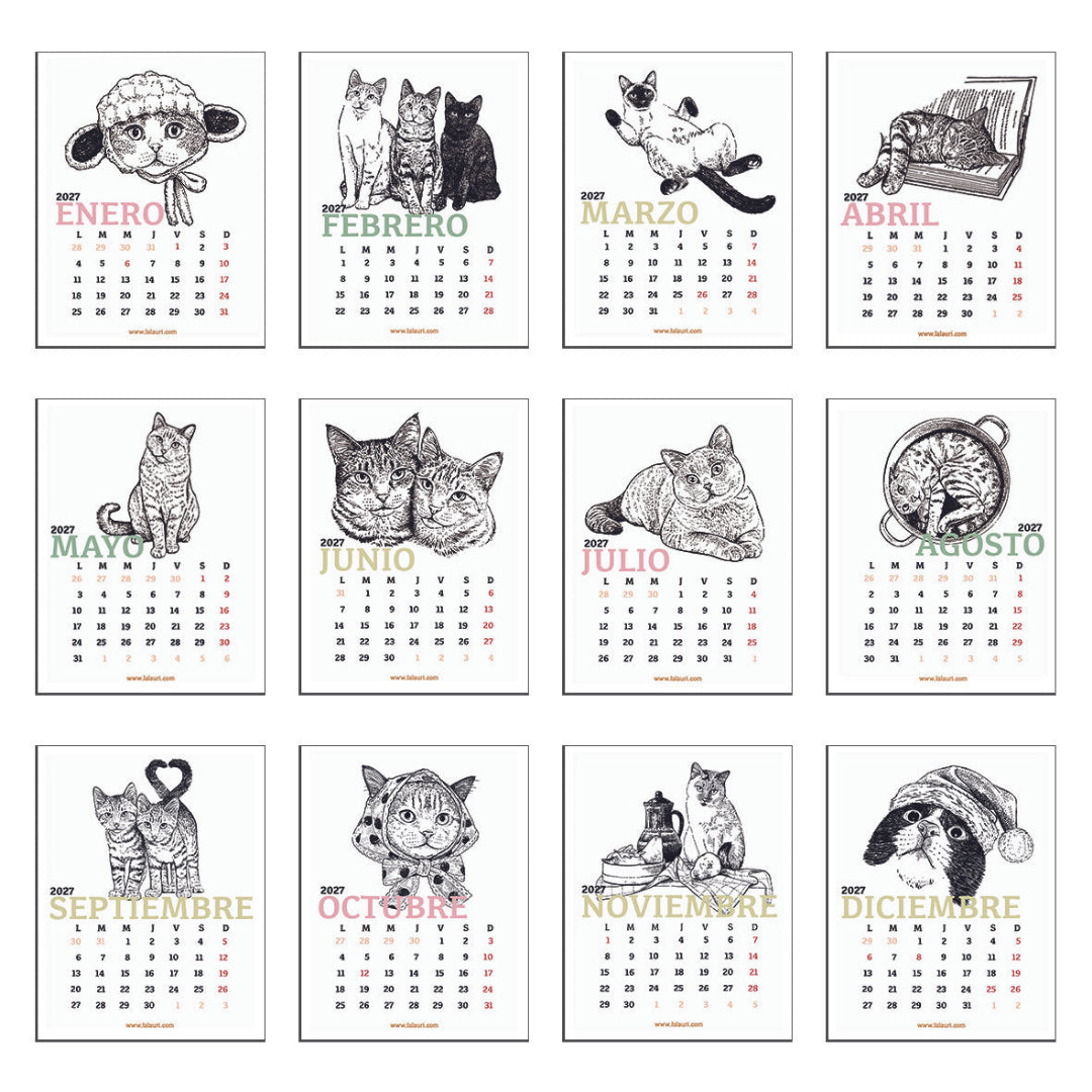 Láminas mensuales del calendario de escritorio ilustrado con gatos de Laura Agustí para 2027