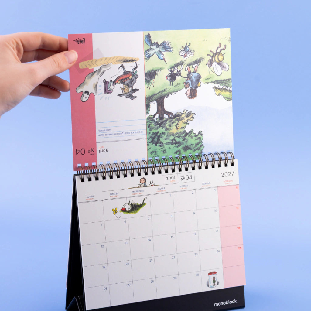 Calendario de mesa 2027 con ilustraciones de la serie Macanudo de Liniers con las páginas del mes de abril