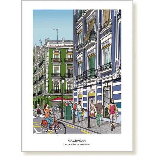 Ilustración de la calle Cádiz, en el barrio de Ruzafa con gente paseando a pie y en bicicleta