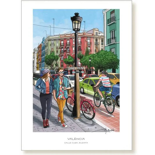Ilustración de una pareja paseando por la Calle Cuba, en el barrio de Ruzafa (Valencia) junto al carril bici y una farola