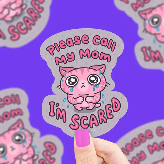 Pegatina de gatito llorando y el mensaje "Please call my mom I'm scared"