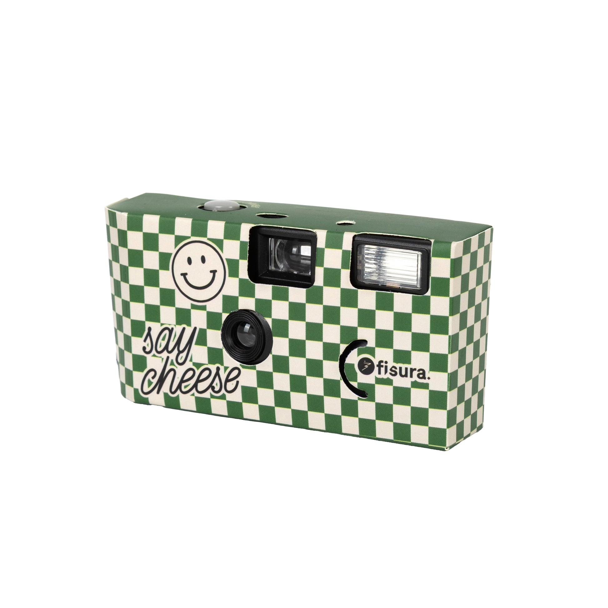 Cámara desechable con aires retro a cuadros verdes y blancos con el mensaje Say Cheese junto a una carita sonriente de Fisura