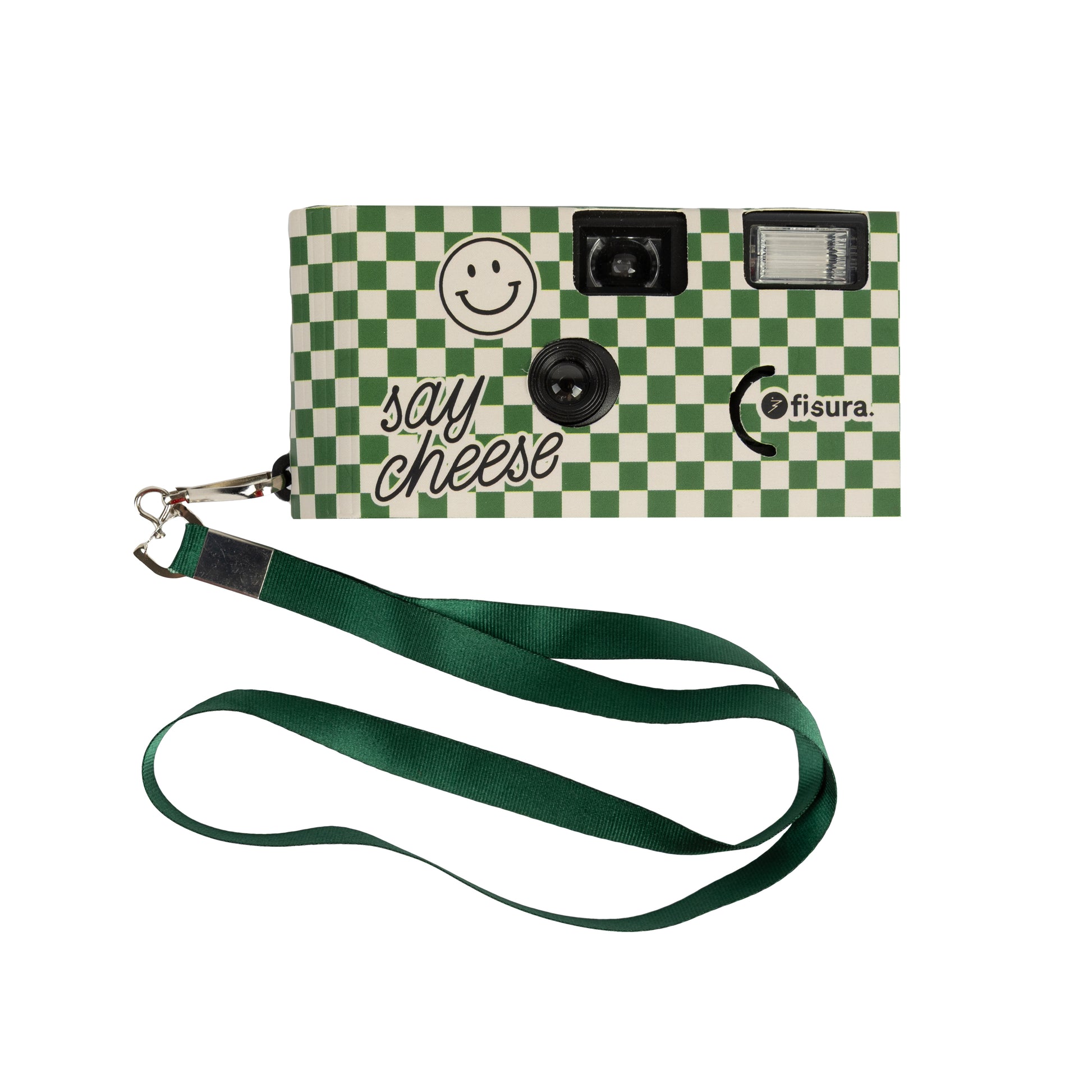 Cámara desechable con aires retro a cuadros verdes y beiges con correa para colgar y el mensaje Say Cheese junto a una carita sonriente de Fisura