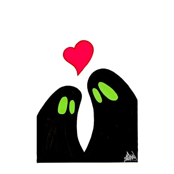 print de dos fantasmas en color negro y con los ojos verdes mirándose con un corazón entre ellos y con el fondo blanco, del artista urbano La So0mbra