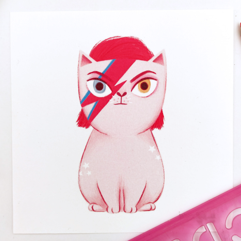 Ilustración de un gato caracterizado de David Bowie de Irene Bofill