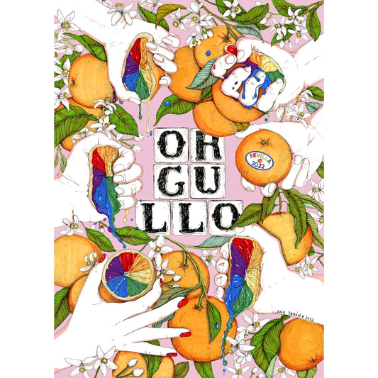 cartel oficial del orgullo de sevilla del 2022 por la ilustradora Ana Jarén, con naranjas y flores de azahar y gajos de los colores del arcoirirs