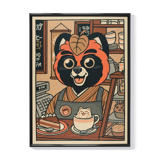 Ilustración de un osito tanuki en una cafetería con un trozo de tarta y un café con personaje de espuma