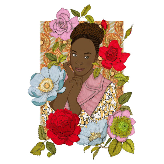 Retrato ilustrado de la escritora nigeriana Chimamanda Ngozi Adichie por Ana Jarén