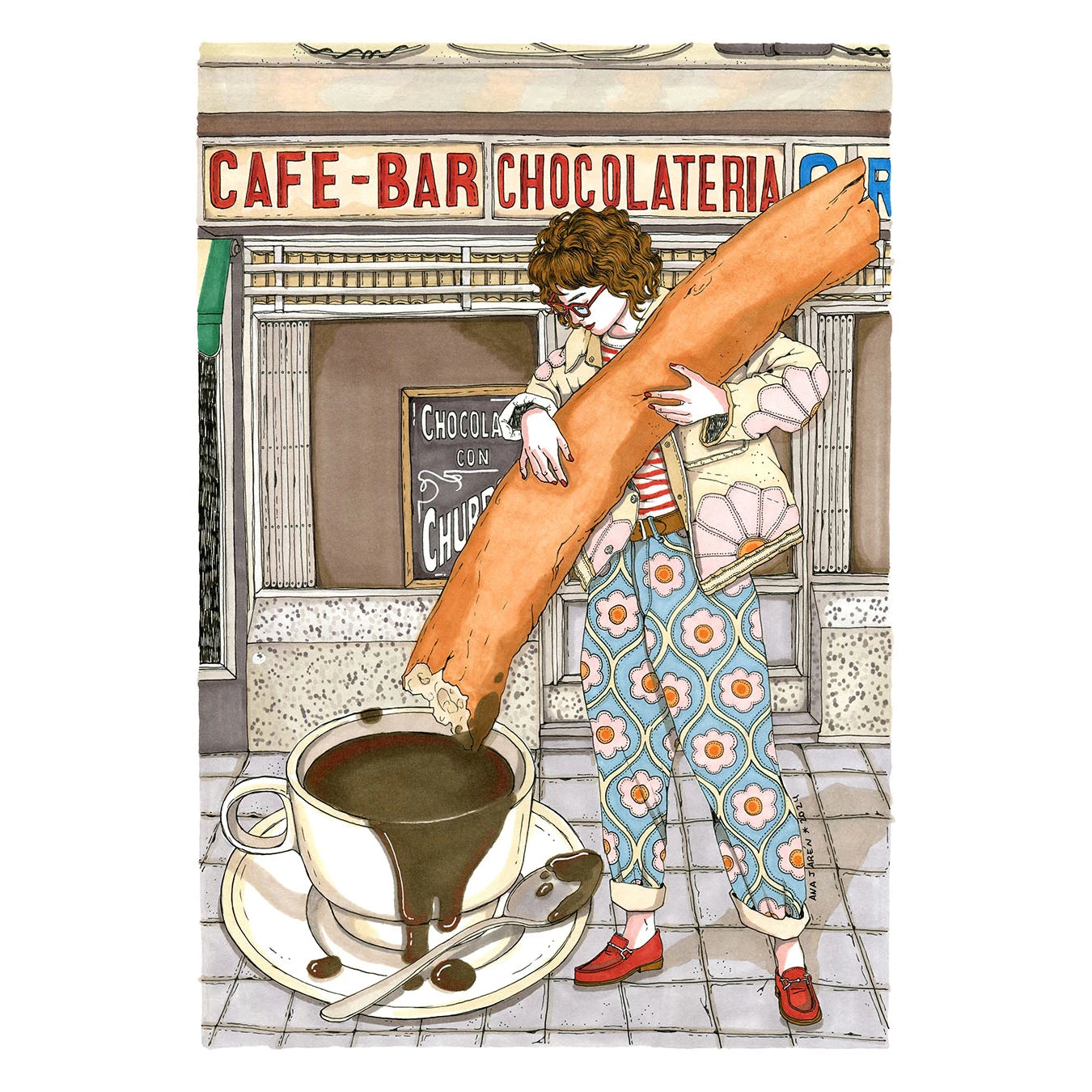 Chica mojando un churro gigante en una taza de chocolate en la acera  frente a un café-bar chocolatería