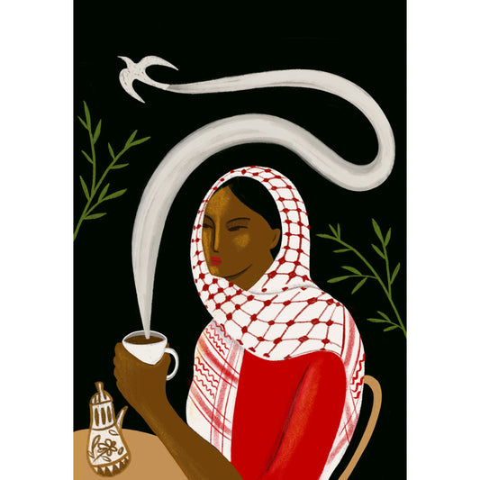 mujer con pañuelo palestino rojo sujetando una taza de café