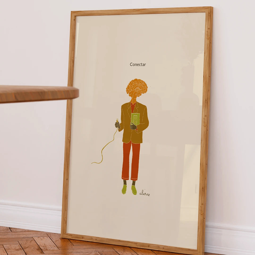 Print enmarcada Conectar de la ilustradora Alera Vida con una persona con la cabeza de celebro, sujetando un libro y con un enchufe en la mano