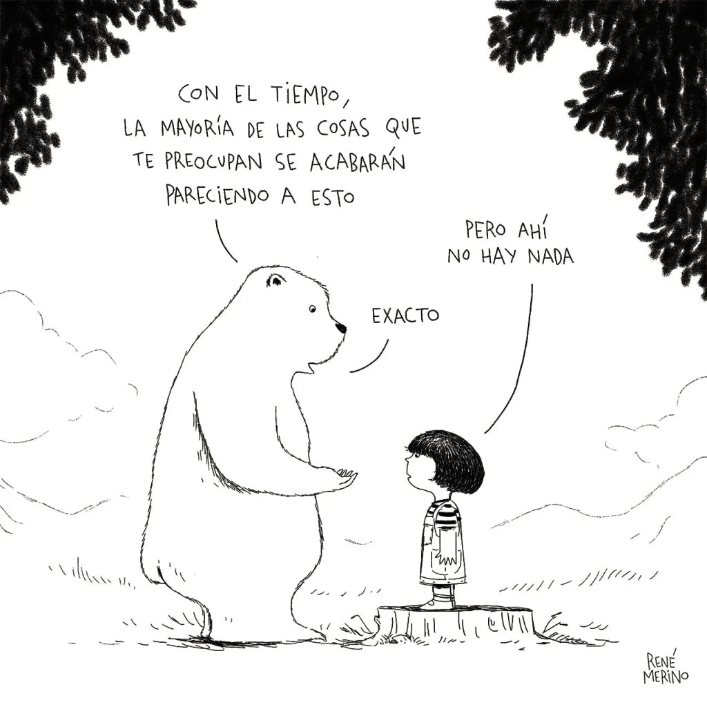 Ilustración de René Merino en la que un oso blanco le dice a una niña que las preocupaciones no son nada con el tiempo.