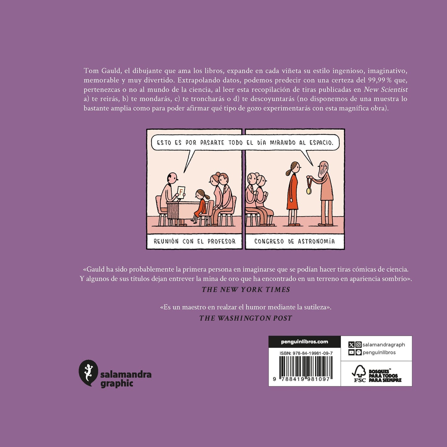 Contraportada del libro Física para gatos en color violeta donde se ven dos tiras del cómic y el editorial Salamandra Graphic
