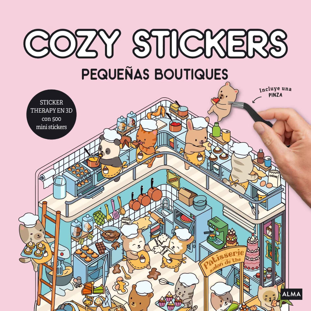 Libro de pegatinas. En esta imagen muestra animales en una pastelería cocinando