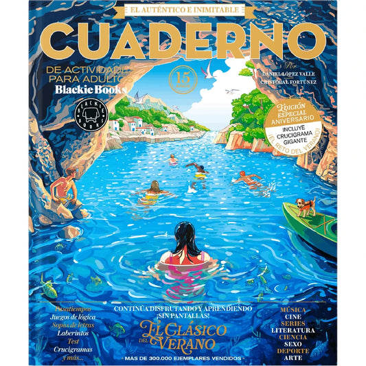 Cuaderno de Actividades para Adultos con una ilustración veraniega al tratarse de personas nadando en el mar