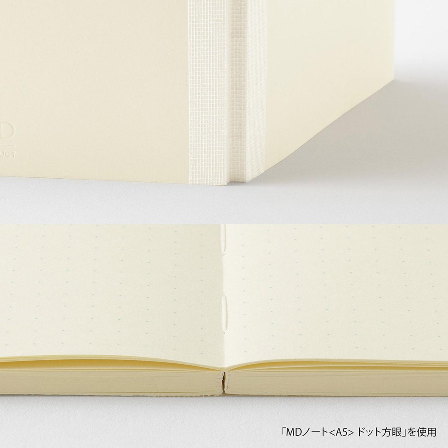 Encuadernación y apertura de la libreta tamaño B6 con trama de puntos de la marca japonesa MD Products de Midori