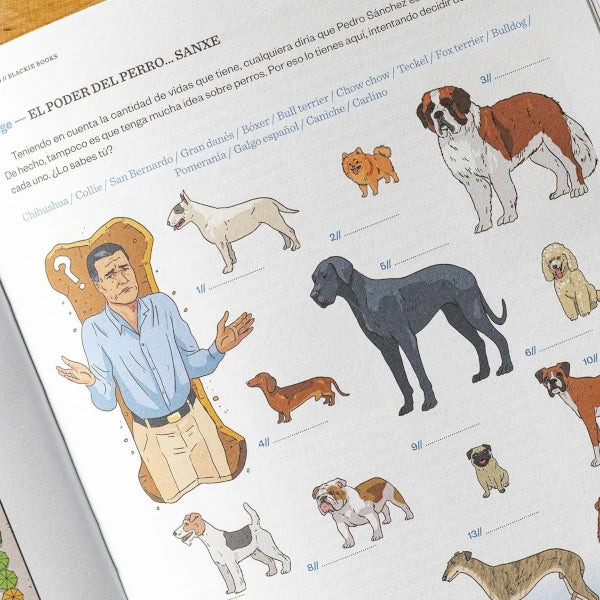 Página interior del cuaderno de pasatiempos de invierno de Blackie Books con juego para identificar razas de perros