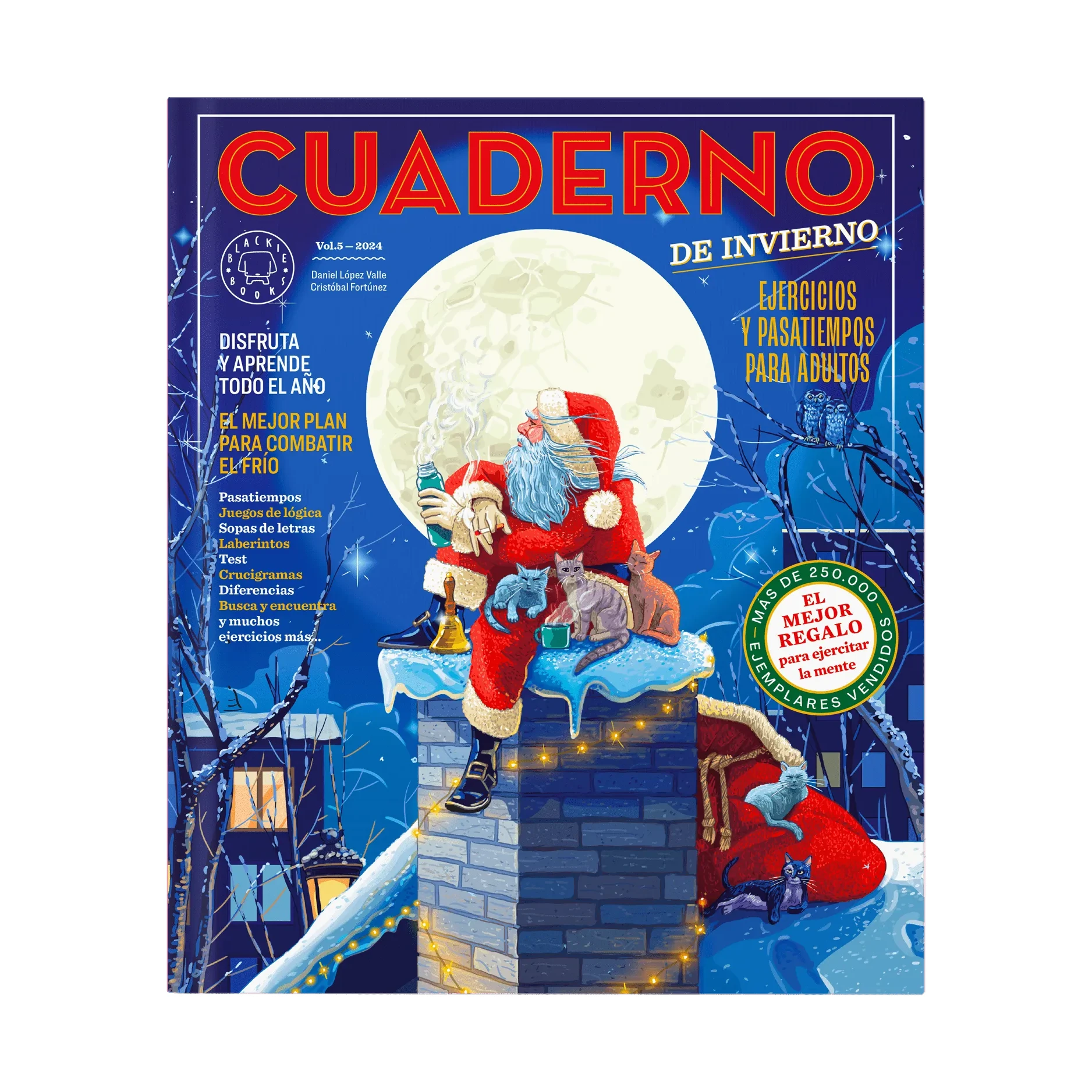 Portada del cuaderno de actividades de invierno de Blackie Books con un papá noel sentado en una chimenea fumando un cigarro y bebiendo café de un termo