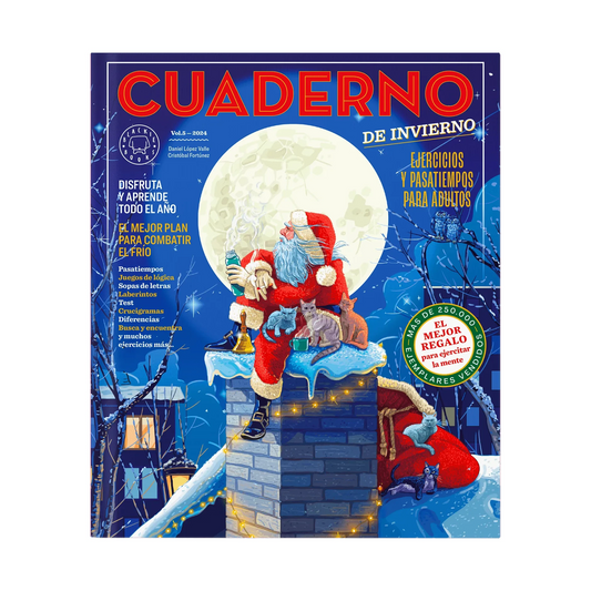 Portada del cuaderno de actividades de invierno de Blackie Books con un papá noel sentado en una chimenea fumando un cigarro y bebiendo café de un termo