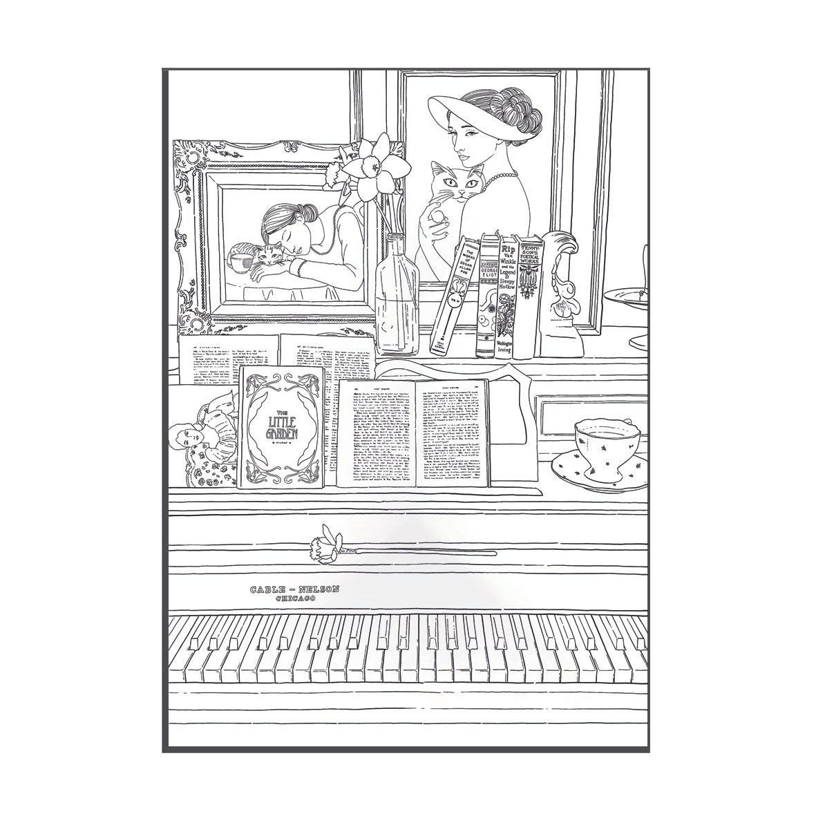Lámina del libro de colorear de con ilustración de un piano con libros y fotos de Laura Agustí 