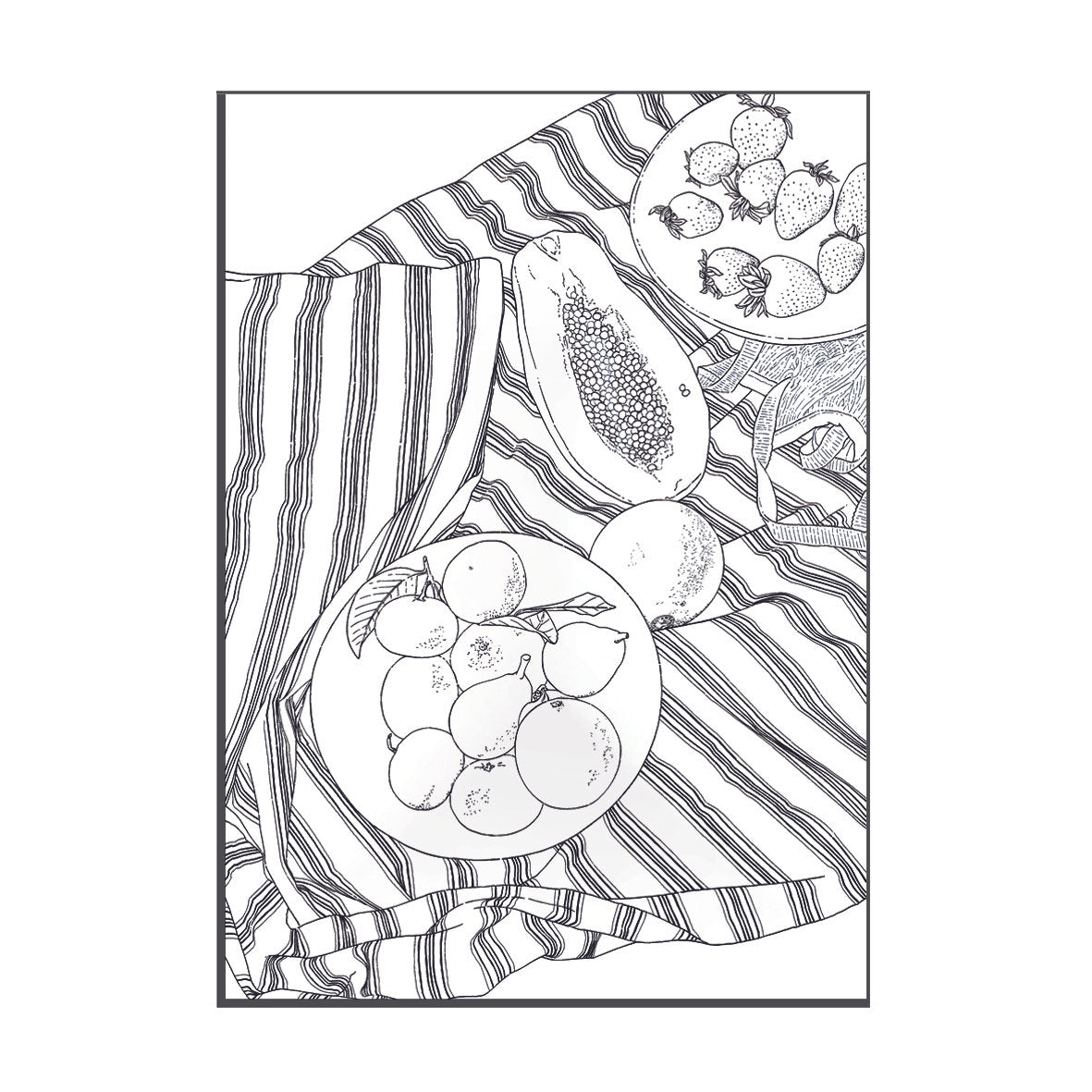 Lámina del libro de colorear de con ilustración de un mantel con frutas de Laura Agustí 