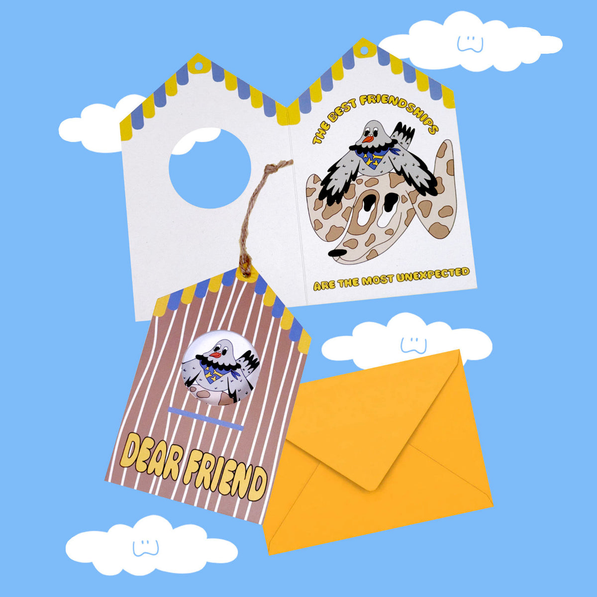 Tarjeta "Dear Friend" de Miss Feathers junto a su sobre a juego