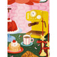 Detalle de la ilustración de una mesa de desayuno de Laura Ortiz con una cafetera amarilla, pasteles y candelabros