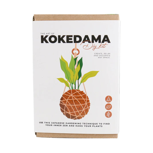 Imagen de frente del kit diy The art of kokedama, con un dibujo de una planta