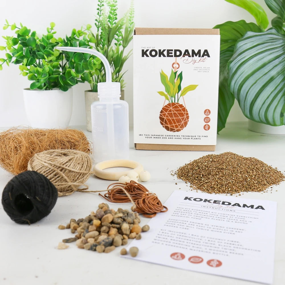 Foto de la caja del kit diy the art of kokedama, rodeado de varios elementos que se incluyen en el kit, como cuerdas, rocas y la hoja de instrucciones. Y plantas en el fondo