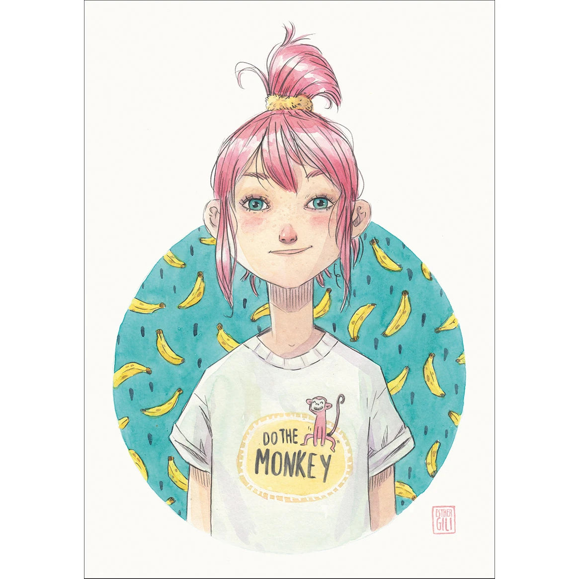 Ilustración de Esther Gili de una chica con una coleta rosa y una camiseta en la que pone "do the monkey"