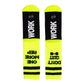 Parte de abajo de los calcetines deportivos con el mensaje "Calcetines para darlo todo" en amarillo fosforito con los mensajes Work en la planta y don't quit one more rep