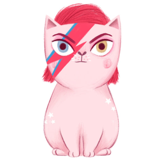 Ilustración de un gato caracterizado de David Bowie de Irene Bofill