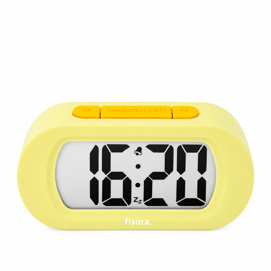 Reloj despertador digital en color amarillo pastel con alarma y luz