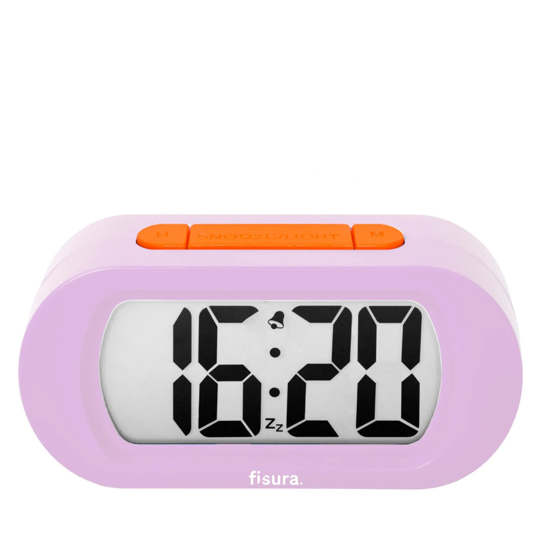 Reloj despertador digital en color lila  pastel y naranja con alarma y luz