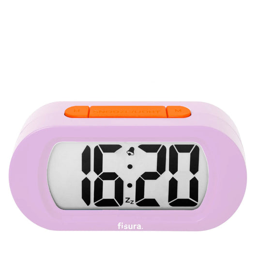 Reloj despertador digital en color lila  pastel y naranja con alarma y luz