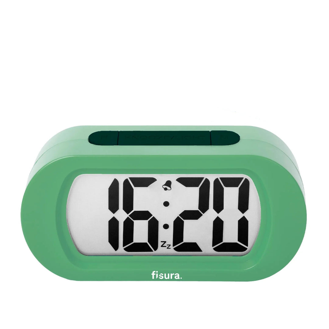Reloj despertador digital en color verde pastel con alarma y luz
