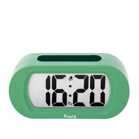 Reloj despertador digital en color verde pastel con alarma y luz