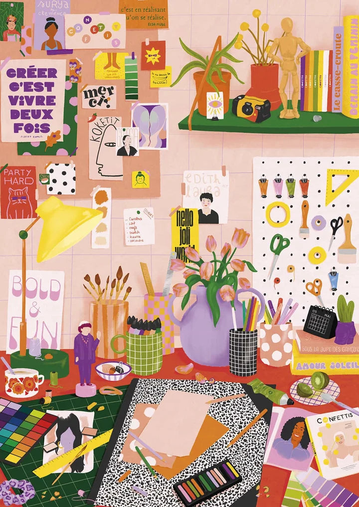 Ilustración del puzzle Du feutre sur les mains: estudio creativo colorido con herramientas de artista, tulipanes, carteles inspiradores y referencias a mujeres artistas, por Jour Férié x Confettis