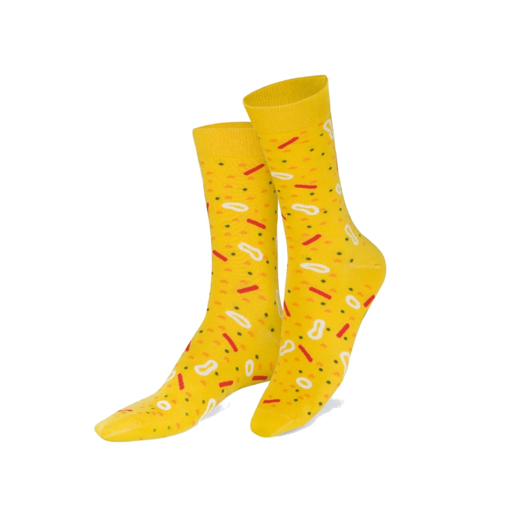 Calcetines paella de EMS de color amarillo con rayas rojas y circunferencias blancas y puntos de colores