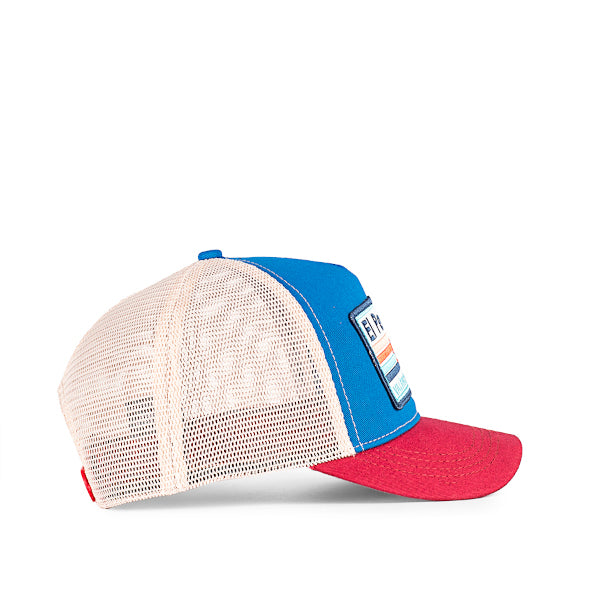 Gorra azul, roja y rejilla blanca con parche bordado con tomates de El Perelló de Valencia