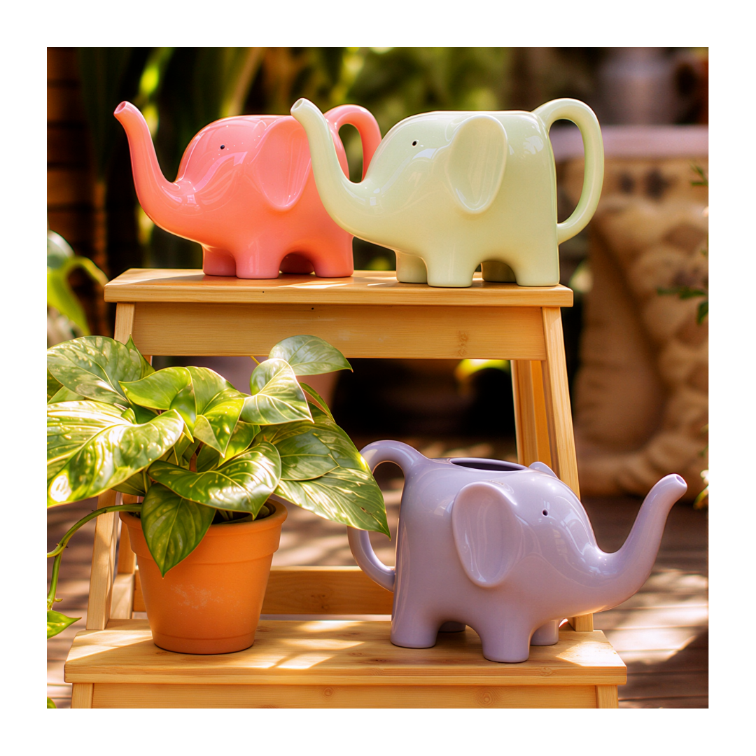 tres regaderas en forma de elefante encima de una banqueta de madera y una planta