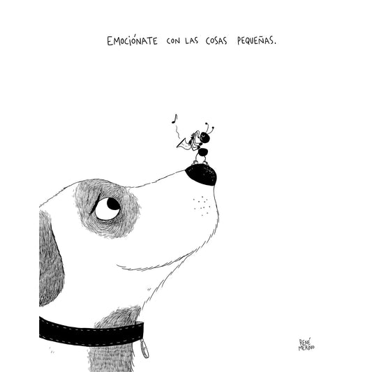 Print con ilustración de René Merino de un perro con una hormiga tocando el saxo en su nariz 