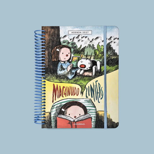 Agenda semanal 2027 Macanudo de Liniers con ilustración de Enriqueta leyendo, tapa dura anillada, formato A5