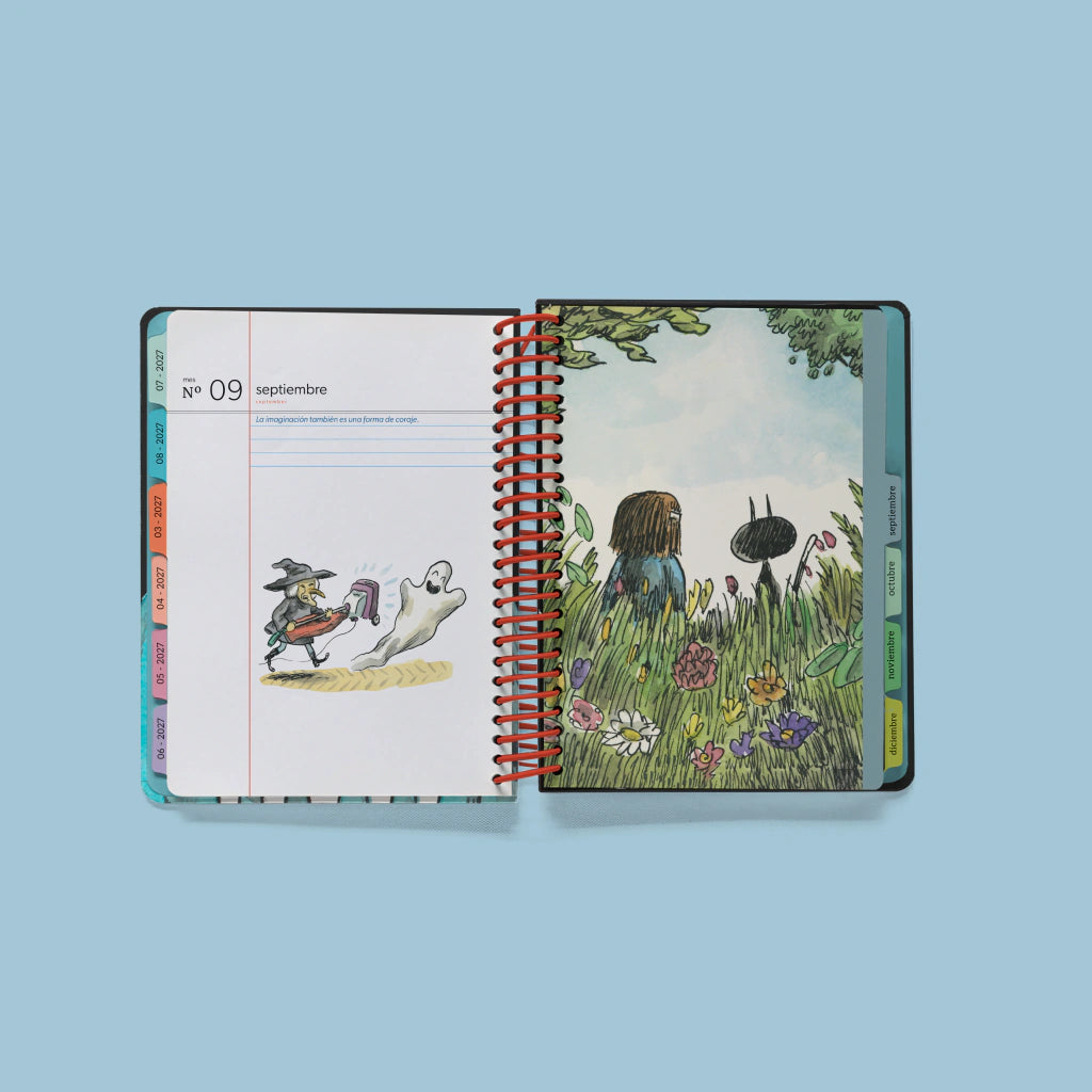 Vista interior de agenda semanal 2027 Macanudo Liniers con diseño tipográfico y viñetas a todo color