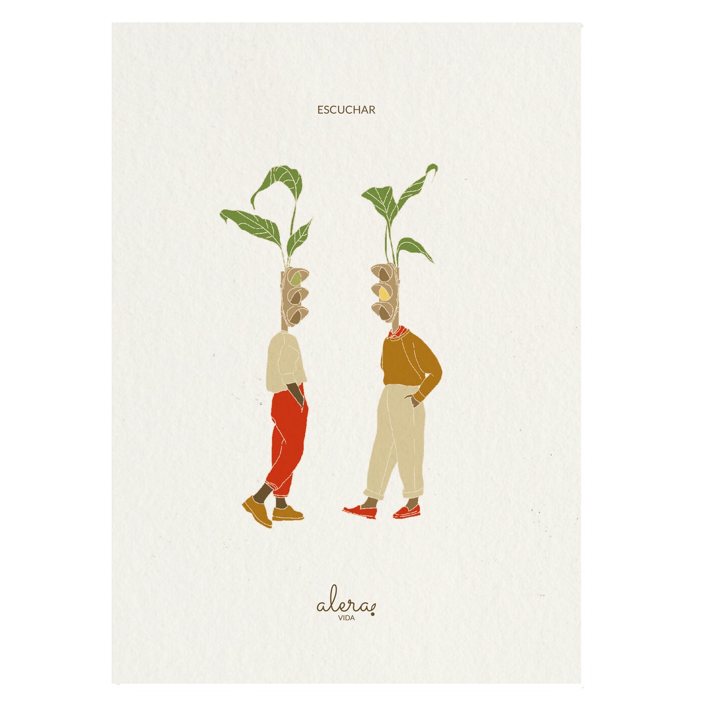 Postal de la artista Alera Vida con ilustración de dos personas con cabeza de semáforo en ámbar y en verde, hablando y el texto "escuchar"