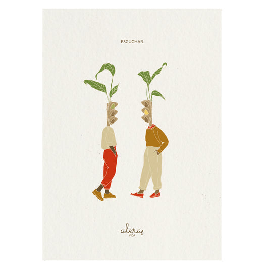Postal de la artista Alera Vida con ilustración de dos personas con cabeza de semáforo en ámbar y en verde, hablando y el texto "escuchar"