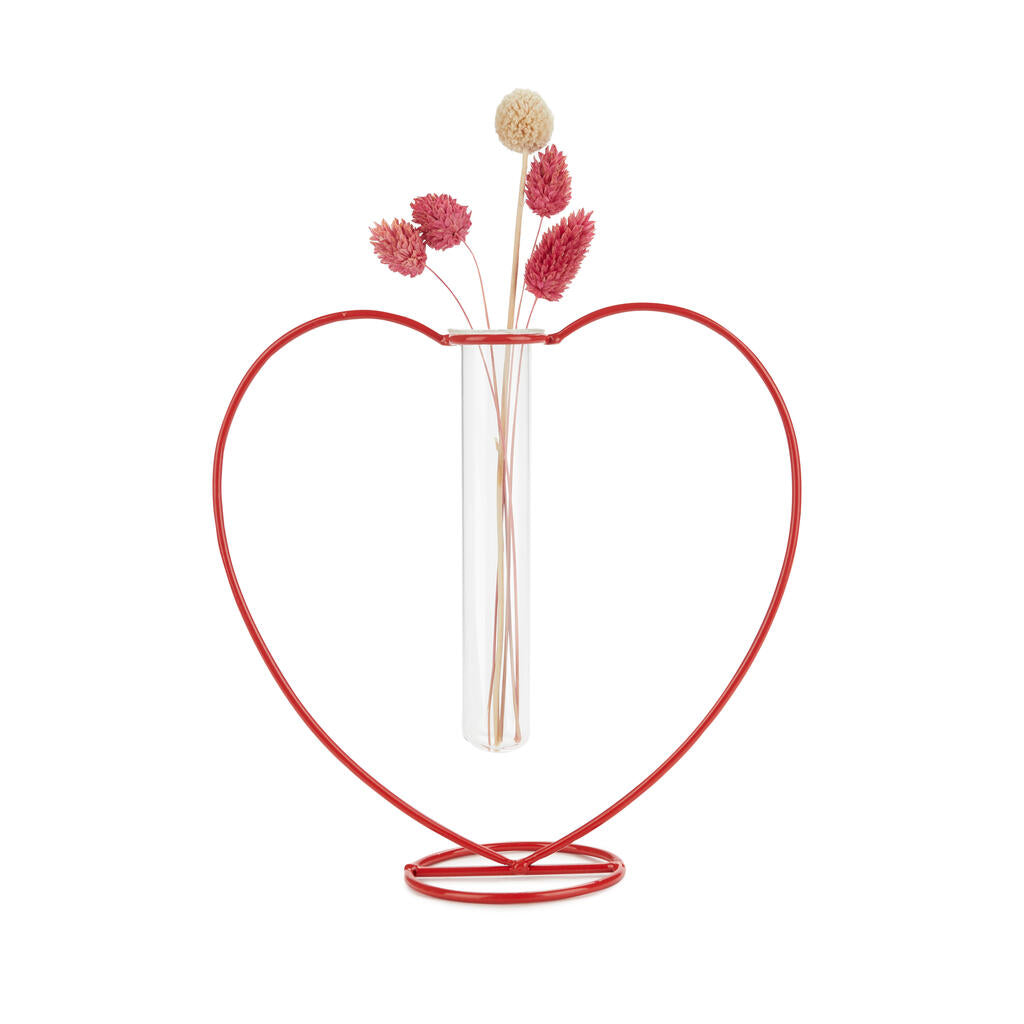 Florero con probeta para multiplicar esquejes con forma de corazón rojo con unas flores secas