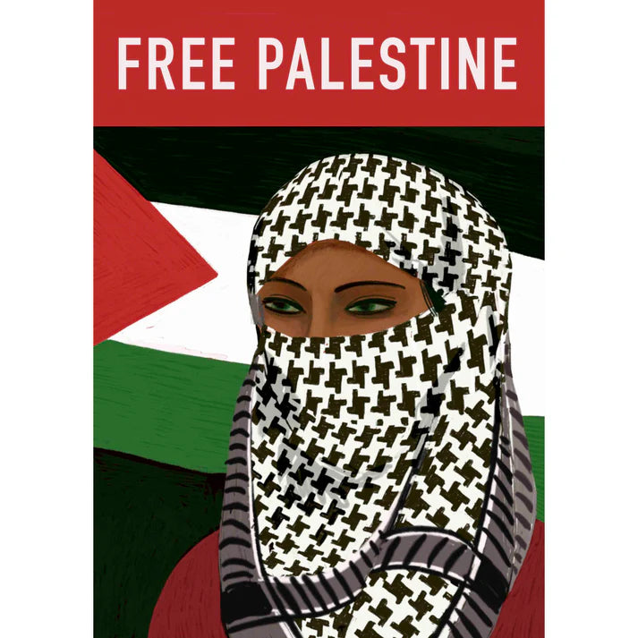 Ilustración de una mujer con un pañielo palestino cubriéndole la cara excepto los ojos verdes y el texto free palestine