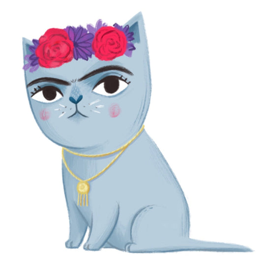 Ilustración de un gato caracterizado de Frida Khalo obra de la artista valenciana Irene Bofill