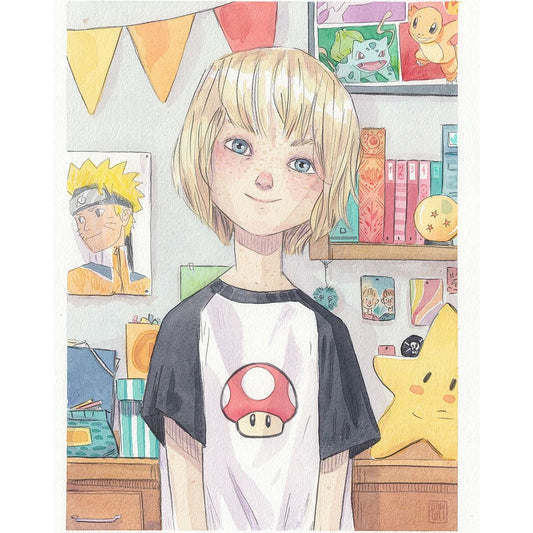 Ilustración de acuarela de esther Gili con un niño en su habitación llena de cosas frikis: mangas, posters, fotos... y una camiseta de una seta de Mario Bros